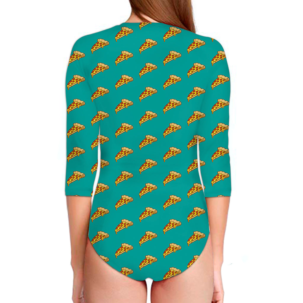 Teal Pizza Pattern Print Long Sleeve Swimsuit