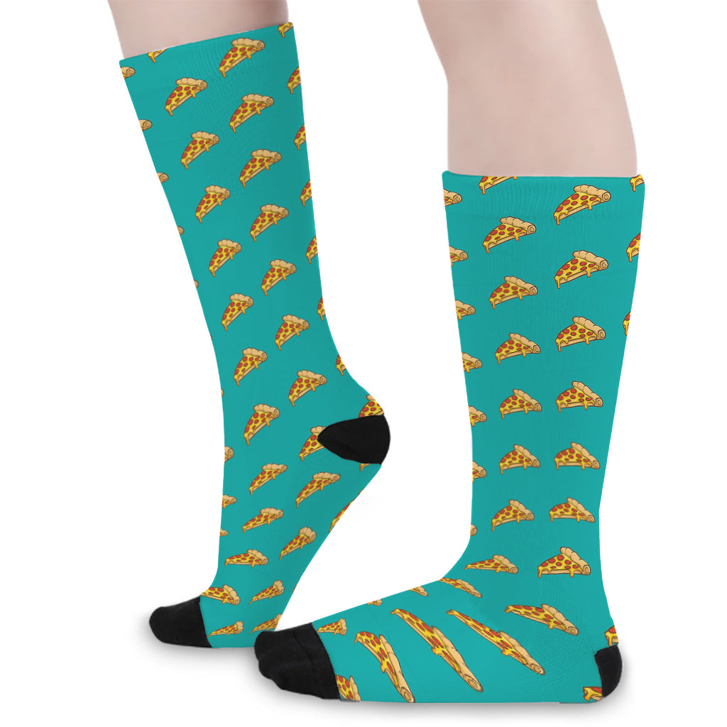 Teal Pizza Pattern Print Long Socks