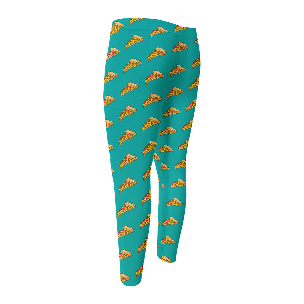 Teal Pizza Pattern Print Men's Compression Pants