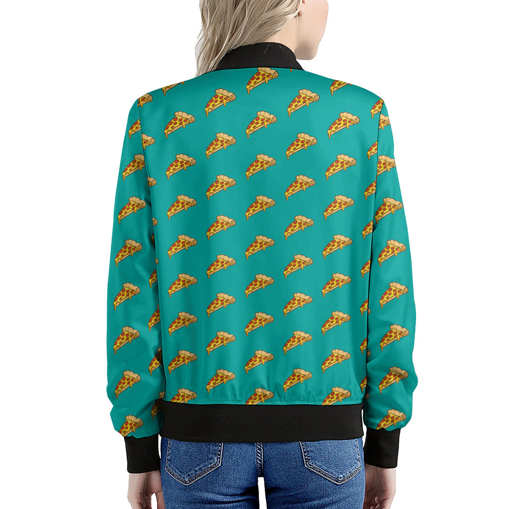 Teal Pizza Pattern Print Women's Bomber Jacket