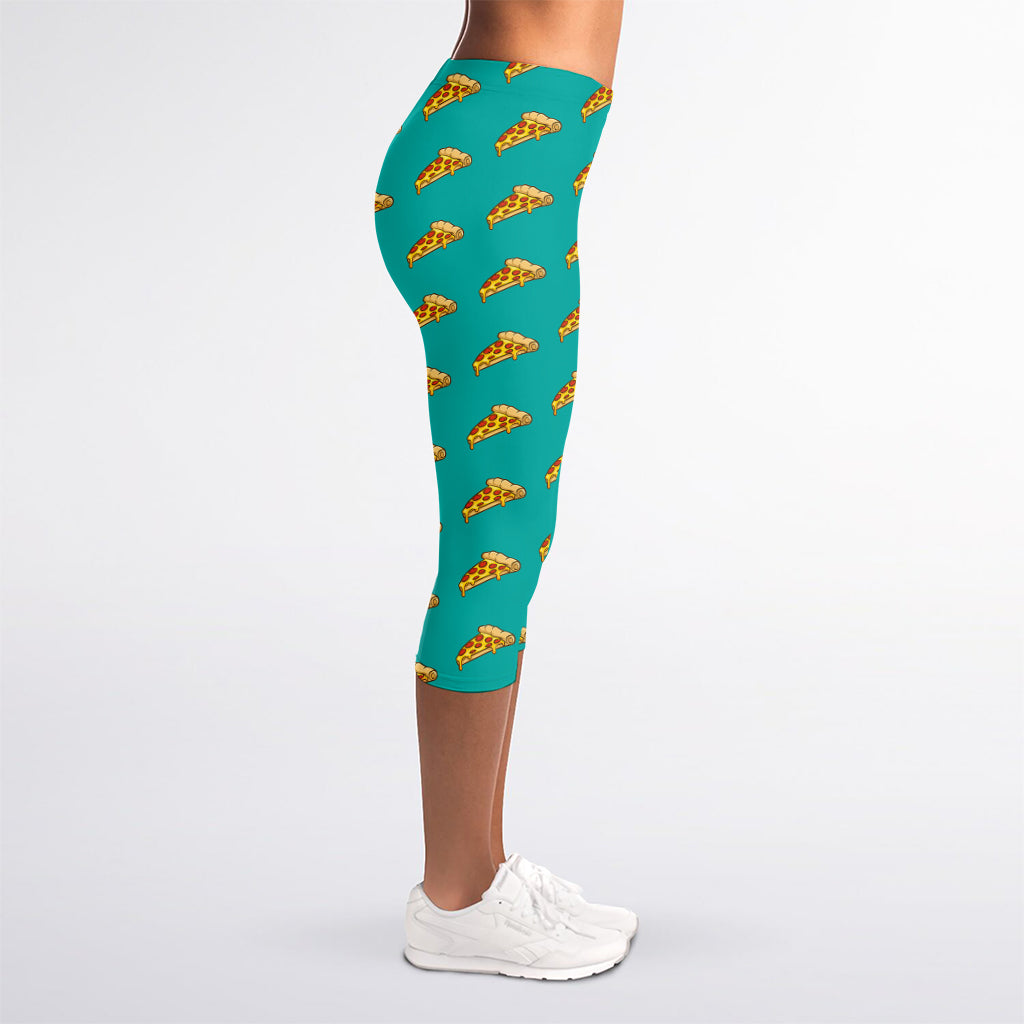 Teal Pizza Pattern Print Women's Capri Leggings