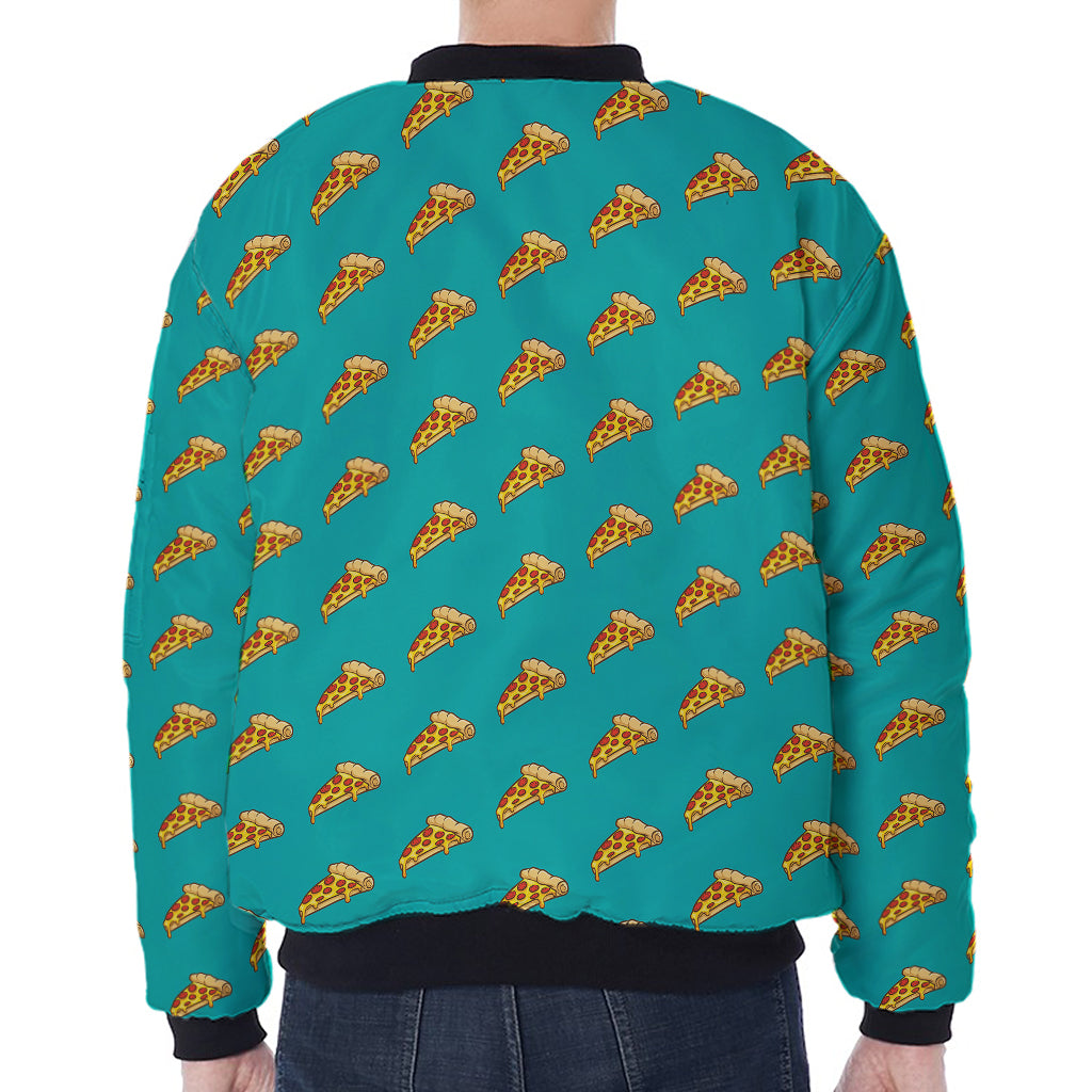 Teal Pizza Pattern Print Zip Sleeve Bomber Jacket