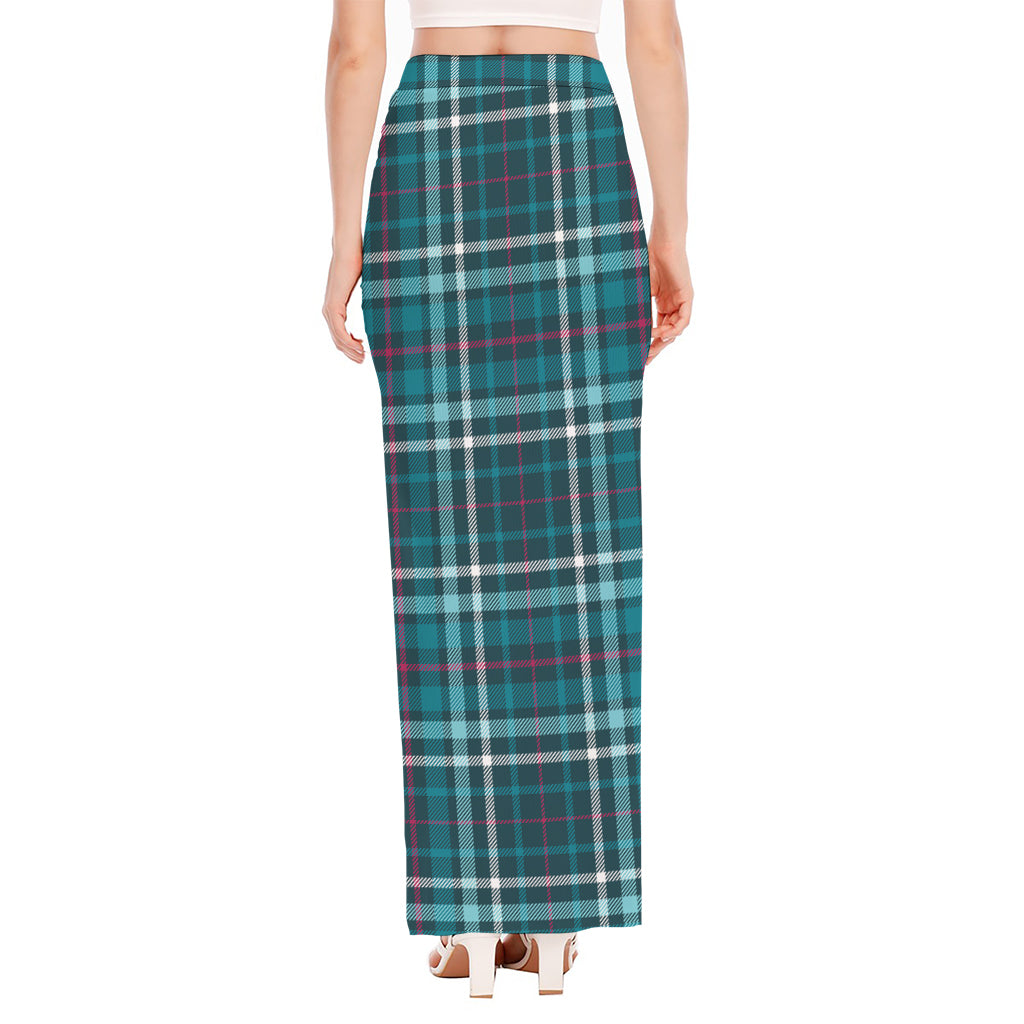 Teal Plaid Pattern Print High Slit Maxi Skirt