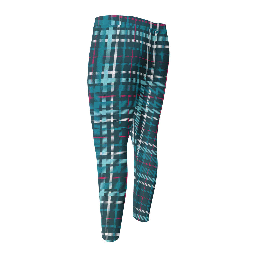 Teal Plaid Pattern Print Men's Compression Pants