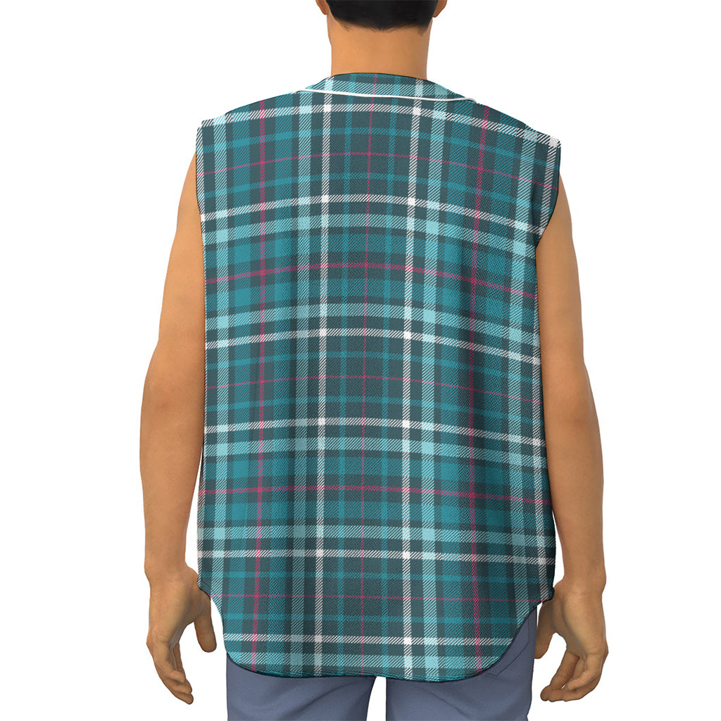 Teal Plaid Pattern Print Sleeveless Baseball Jersey