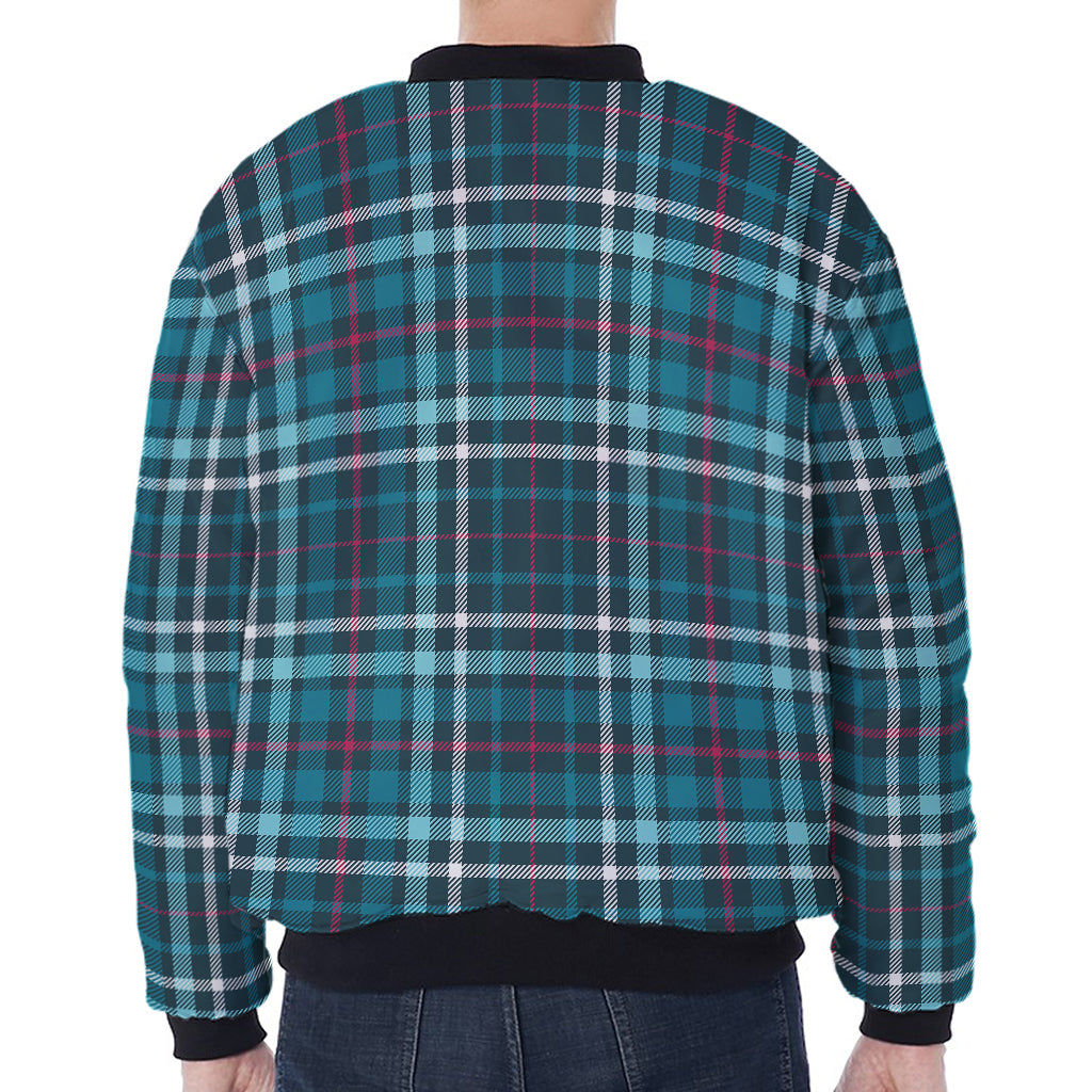 Teal Plaid Pattern Print Zip Sleeve Bomber Jacket