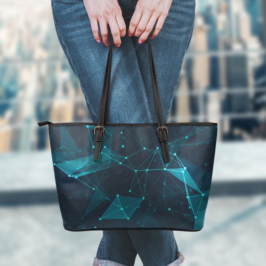 Teal Polygonal Dot Geometric Print Leather Tote Bag