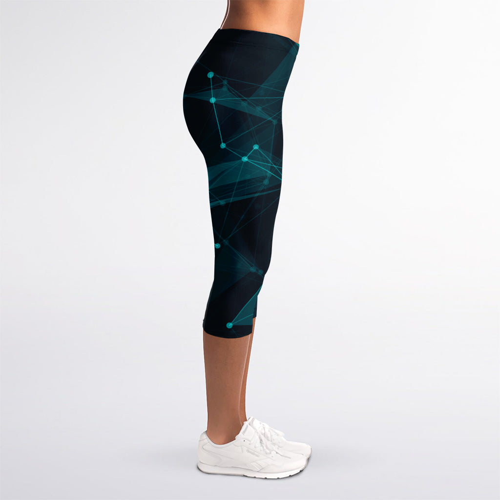 Teal Polygonal Dot Geometric Print Women's Capri Leggings