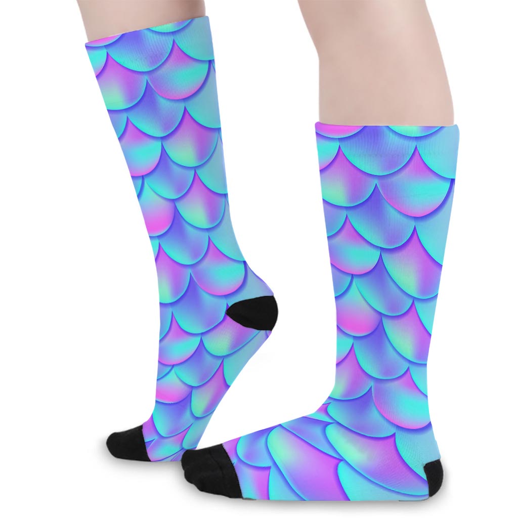 Teal Purple Mermaid Scales Pattern Print Long Socks