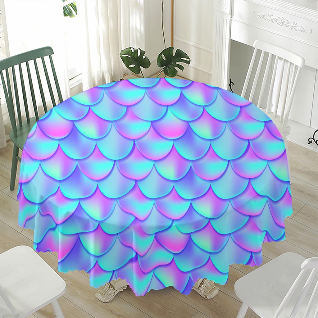 Teal Purple Mermaid Scales Pattern Print Waterproof Round Tablecloth