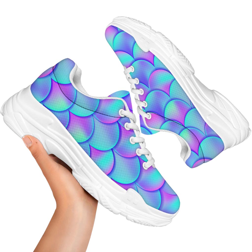 Teal Purple Mermaid Scales Pattern Print White Chunky Shoes