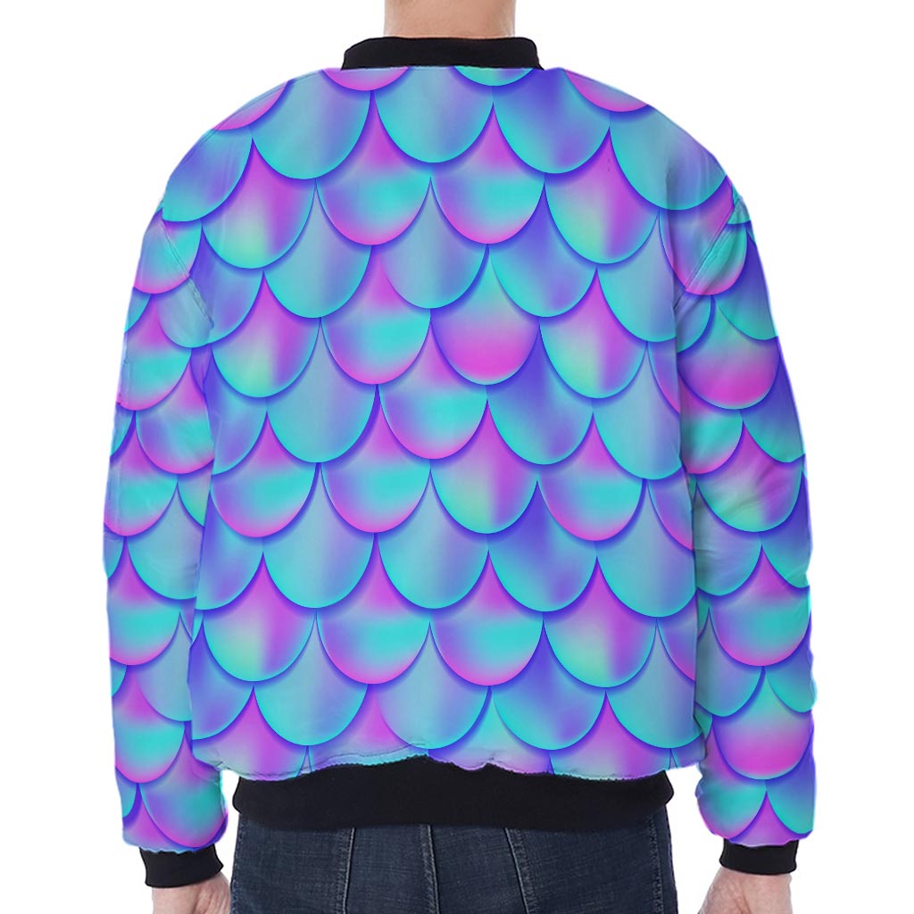 Teal Purple Mermaid Scales Pattern Print Zip Sleeve Bomber Jacket