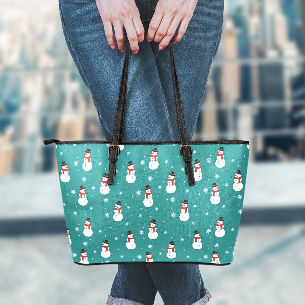 Teal Snowman Pattern Print Leather Tote Bag