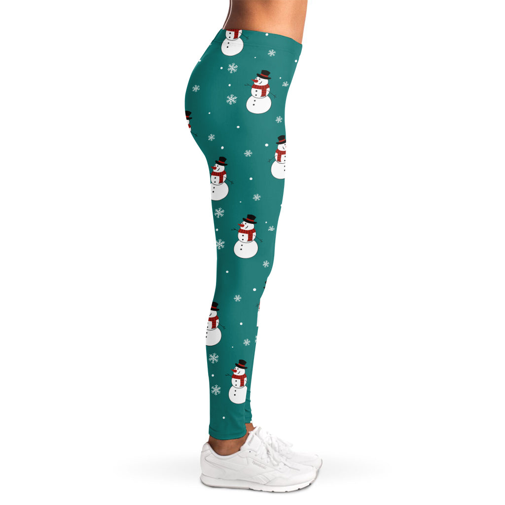 Teal Snowman Pattern Print Women's Leggings