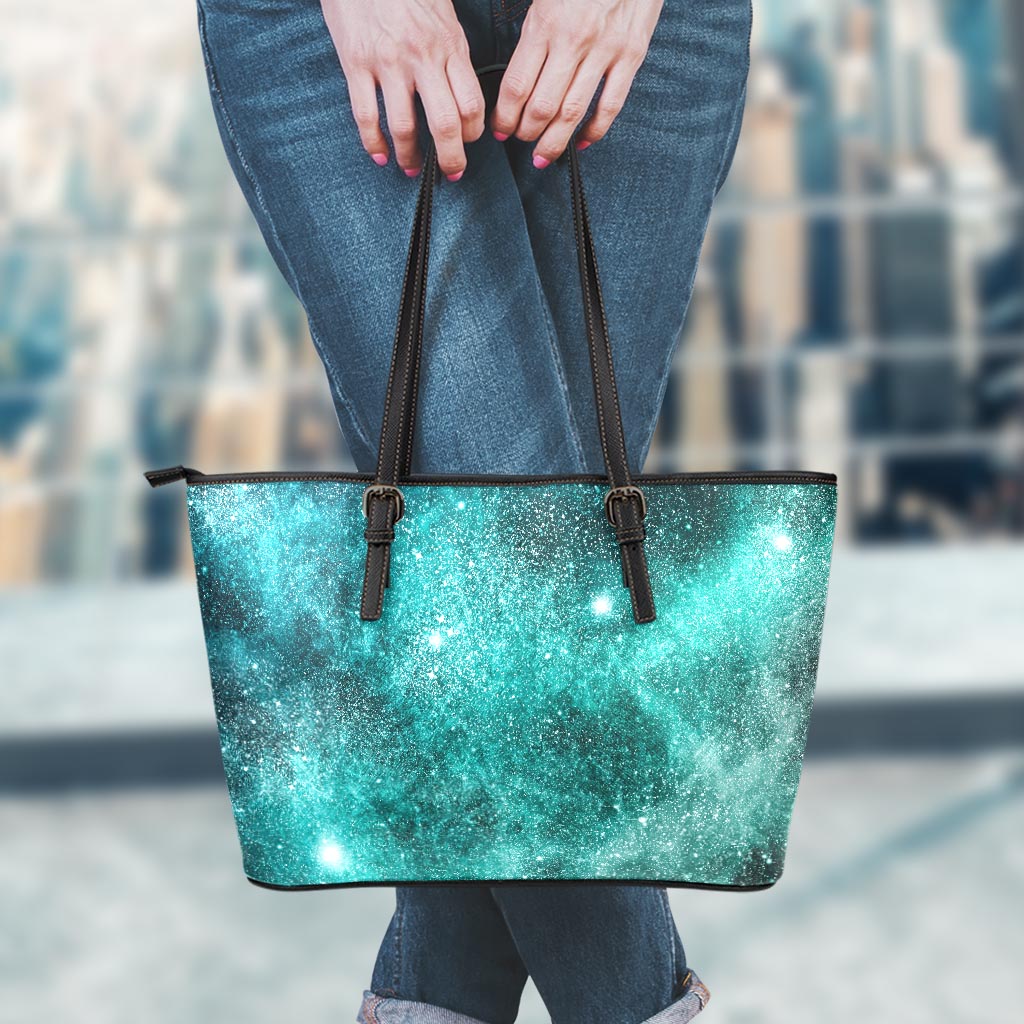 Teal Stardust Galaxy Space Print Leather Tote Bag