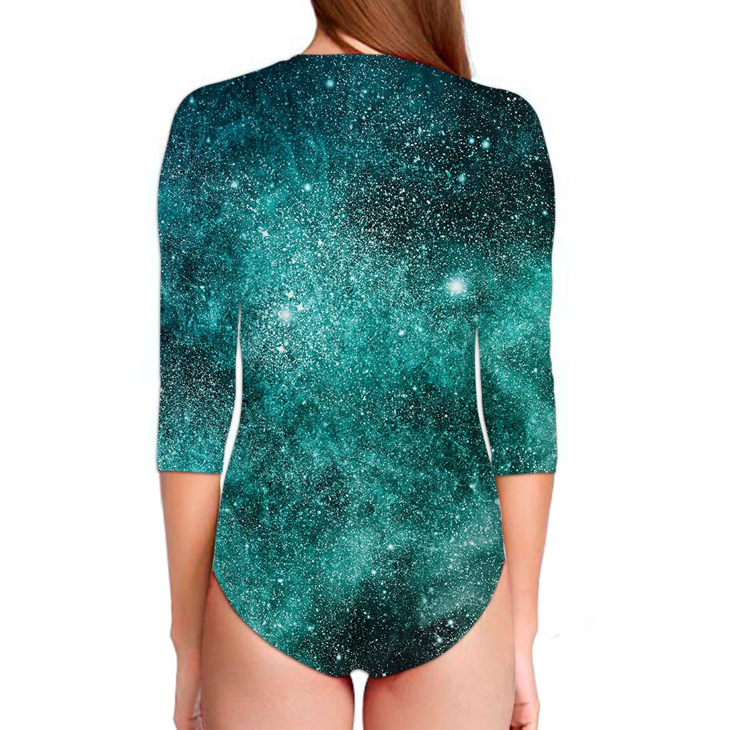 Teal Stardust Galaxy Space Print Long Sleeve Swimsuit