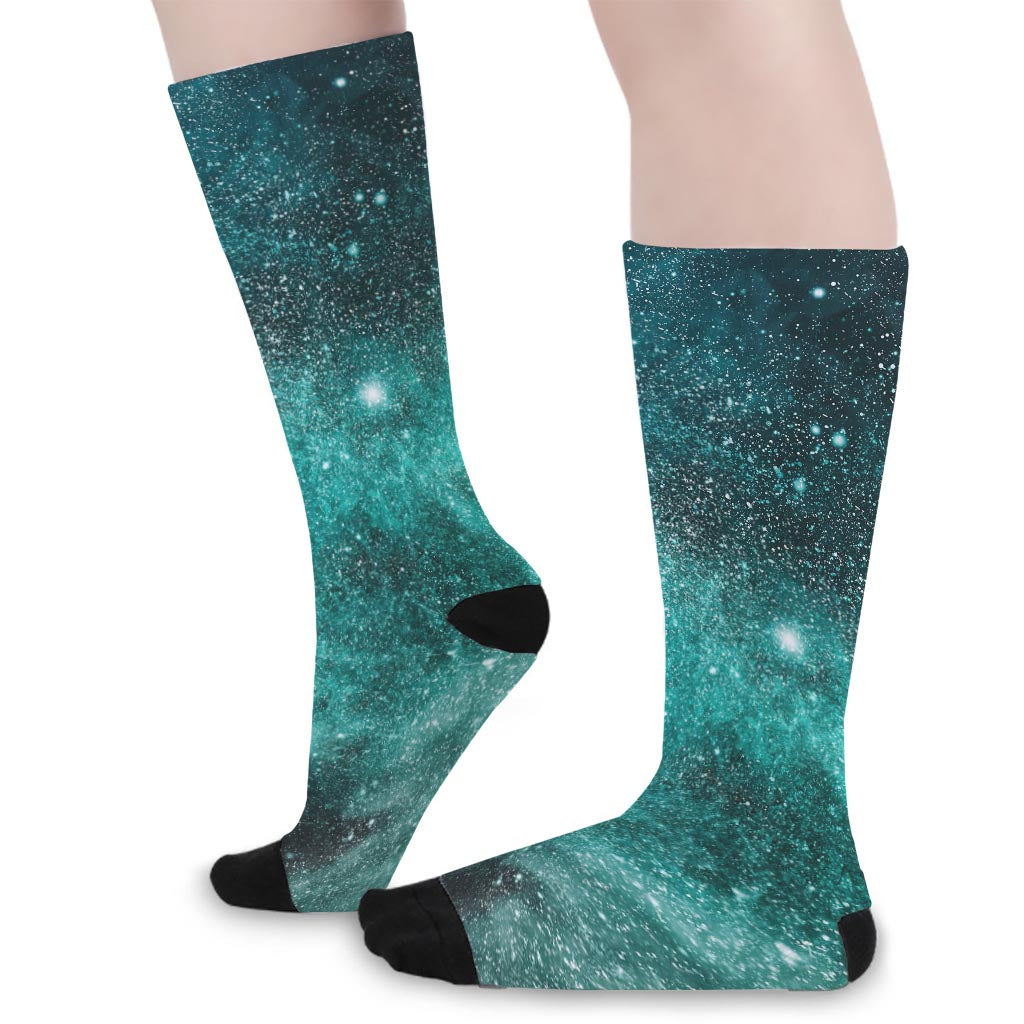 Teal Stardust Galaxy Space Print Long Socks