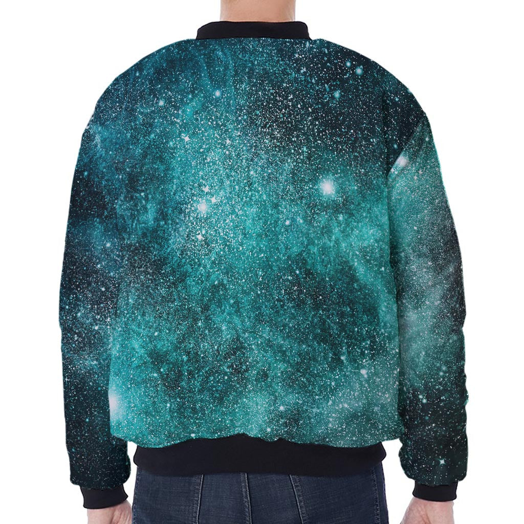 Teal Stardust Galaxy Space Print Zip Sleeve Bomber Jacket