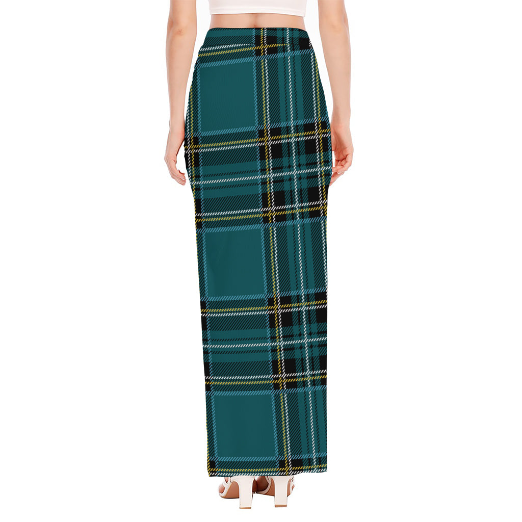 Teal Stewart Tartan Pattern Print High Slit Maxi Skirt