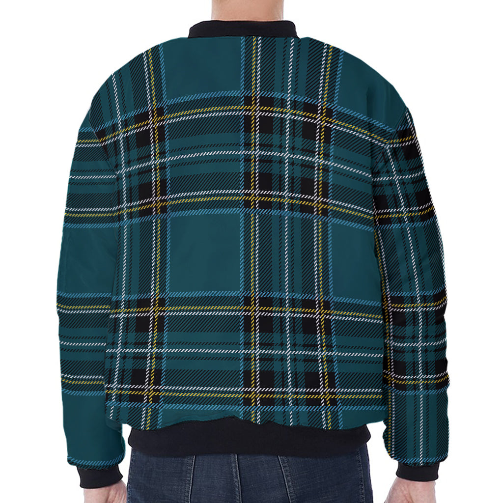 Teal Stewart Tartan Pattern Print Zip Sleeve Bomber Jacket