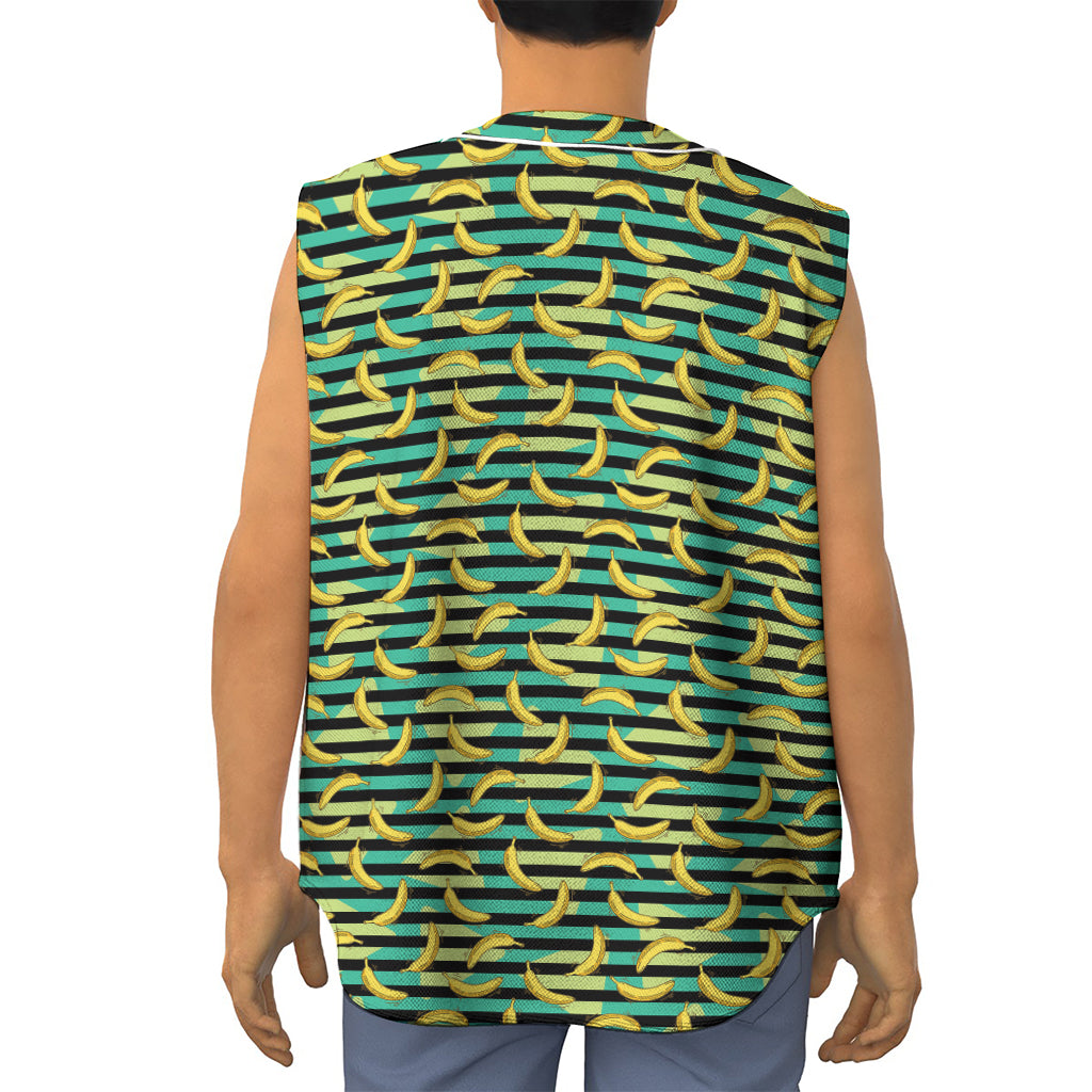 Teal Striped Banana Pattern Print Sleeveless Baseball Jersey