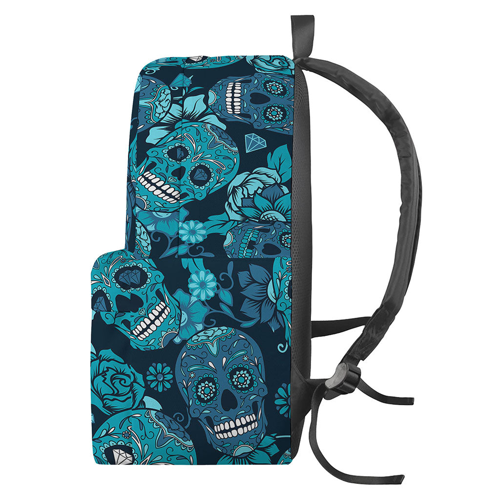 Teal Sugar Skull Flower Pattern Print Backpack