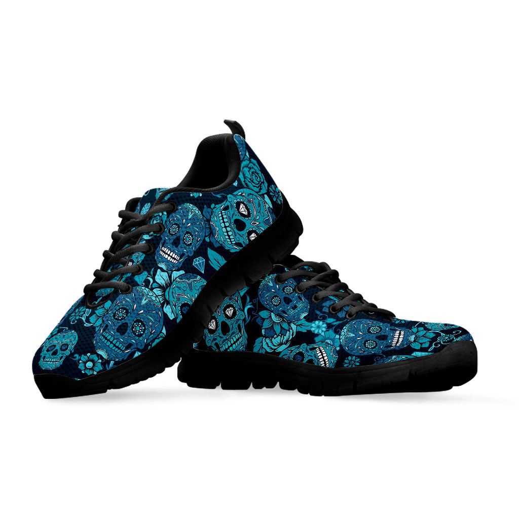 Teal Sugar Skull Flower Pattern Print Black Running Shoes