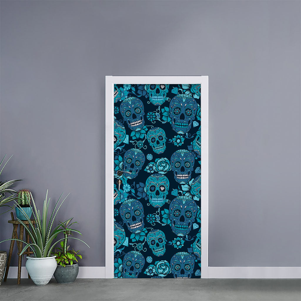 Teal Sugar Skull Flower Pattern Print Door Sticker