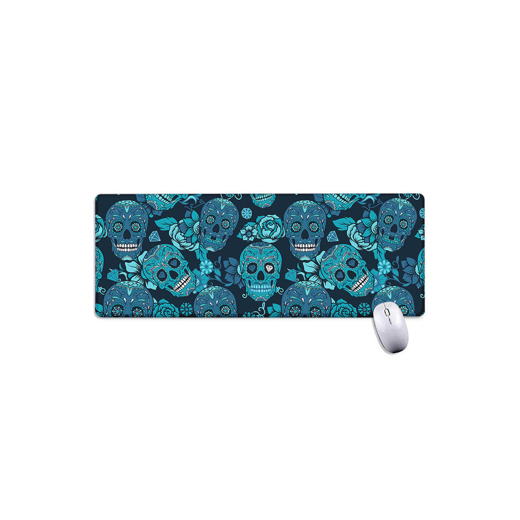 Teal Sugar Skull Flower Pattern Print Extended Mouse Pad