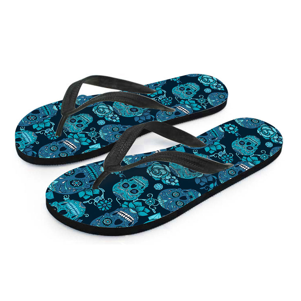 Teal Sugar Skull Flower Pattern Print Flip Flops