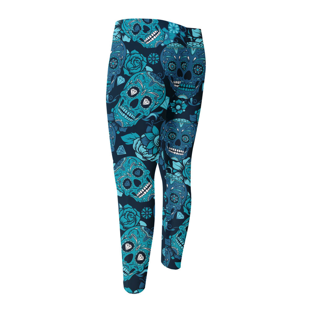 Teal Sugar Skull Flower Pattern Print Men's Compression Pants