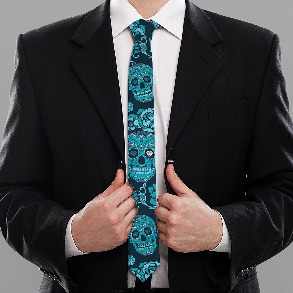 Teal Sugar Skull Flower Pattern Print Necktie