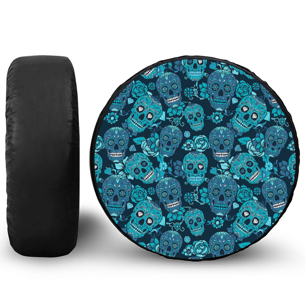 Teal Sugar Skull Flower Pattern Print Tire Cover