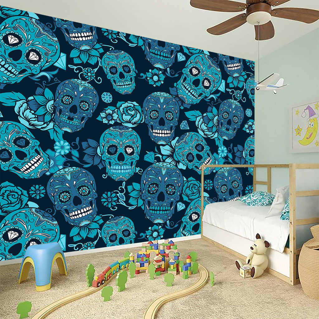 Teal Sugar Skull Flower Pattern Print Wall Sticker