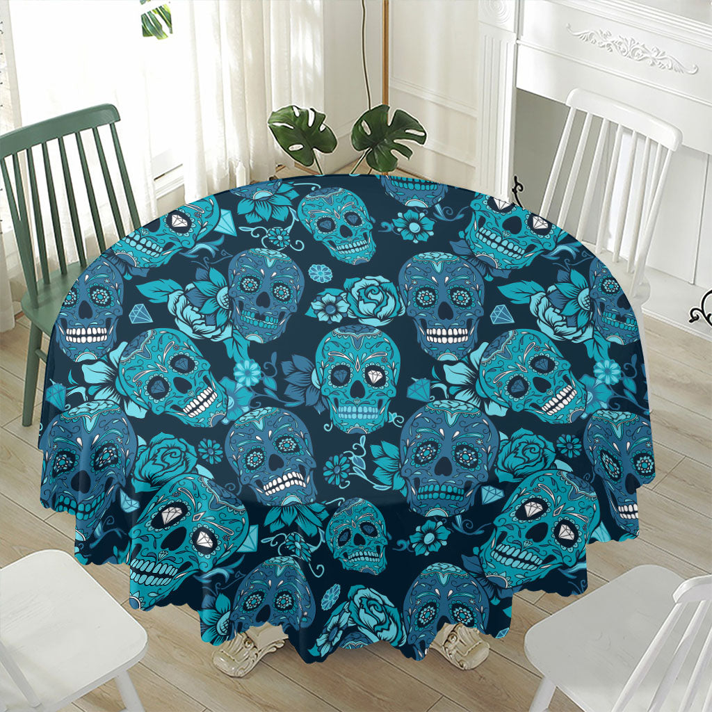 Teal Sugar Skull Flower Pattern Print Waterproof Round Tablecloth