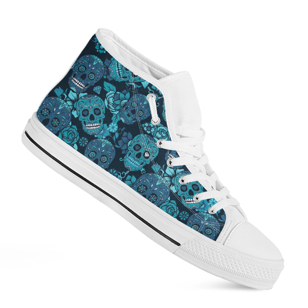 Teal Sugar Skull Flower Pattern Print White High Top Sneakers