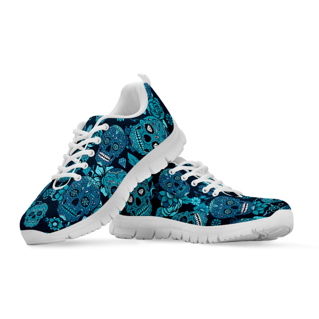 Teal Sugar Skull Flower Pattern Print White Running Shoes