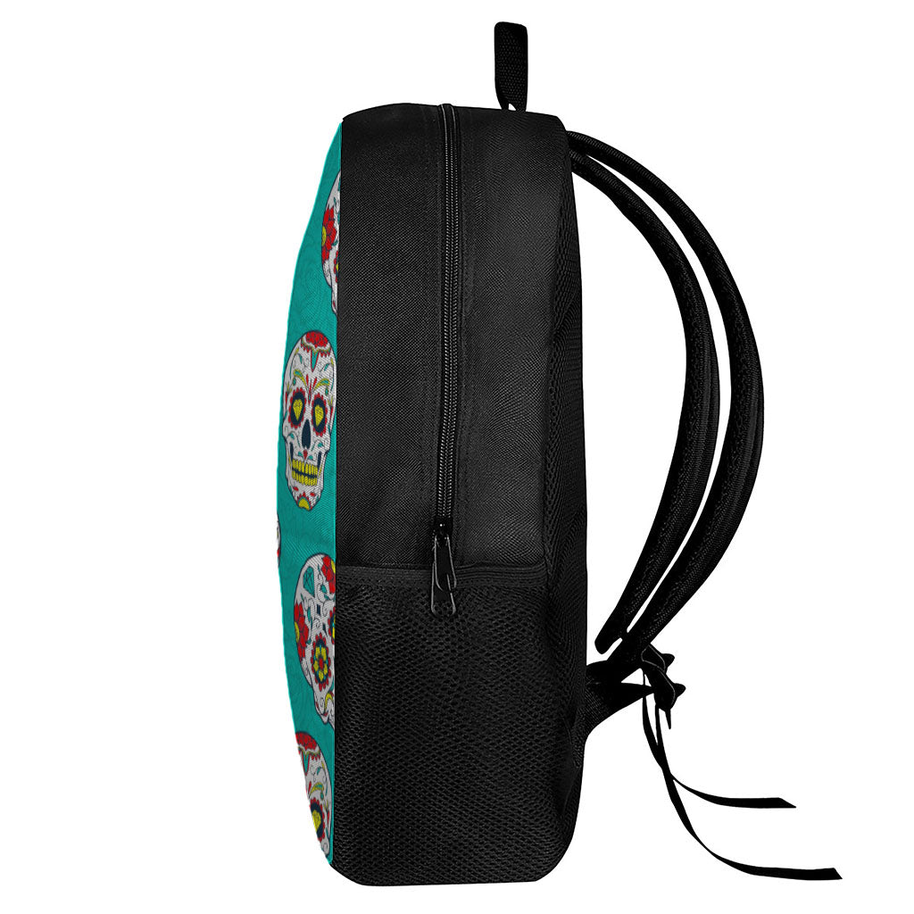 Teal Sugar Skull Pattern Print 17 Inch Backpack