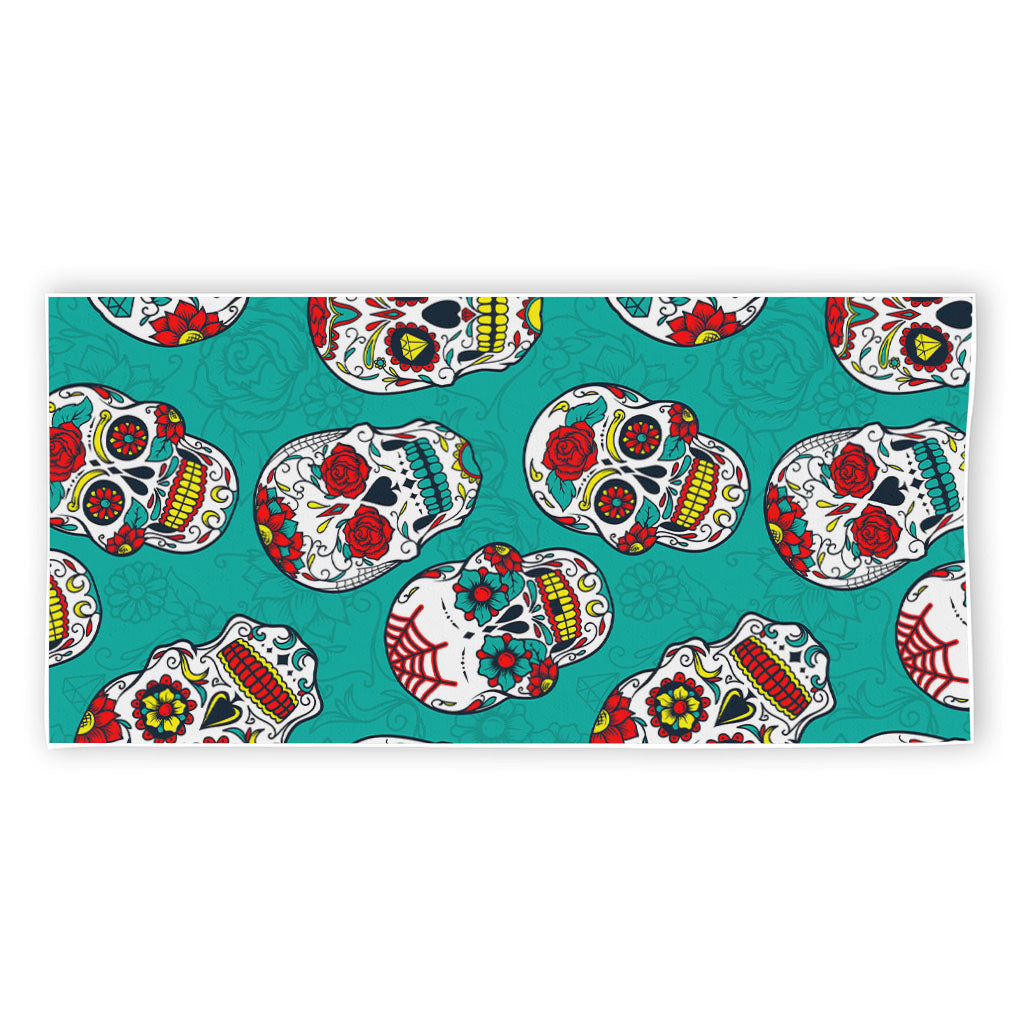 Teal Sugar Skull Pattern Print Beach Towel