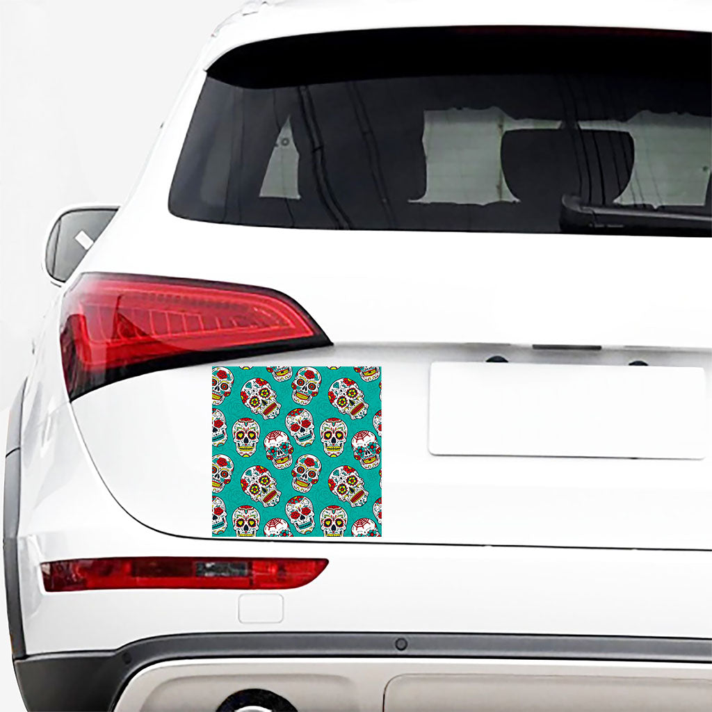 Teal Sugar Skull Pattern Print Car Sticker