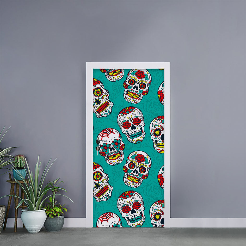 Teal Sugar Skull Pattern Print Door Sticker