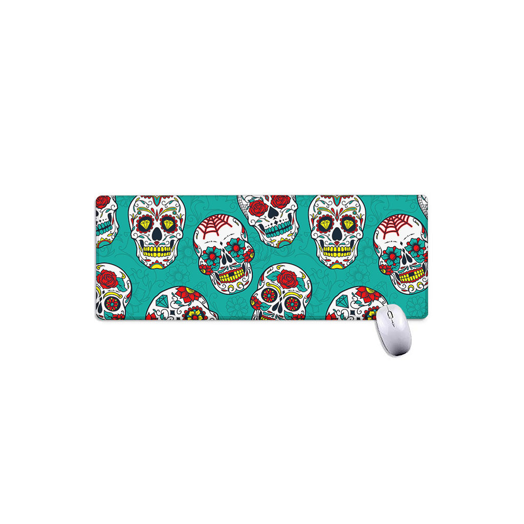 Teal Sugar Skull Pattern Print Extended Mouse Pad