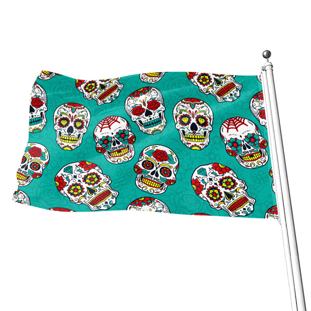 Teal Sugar Skull Pattern Print Flag