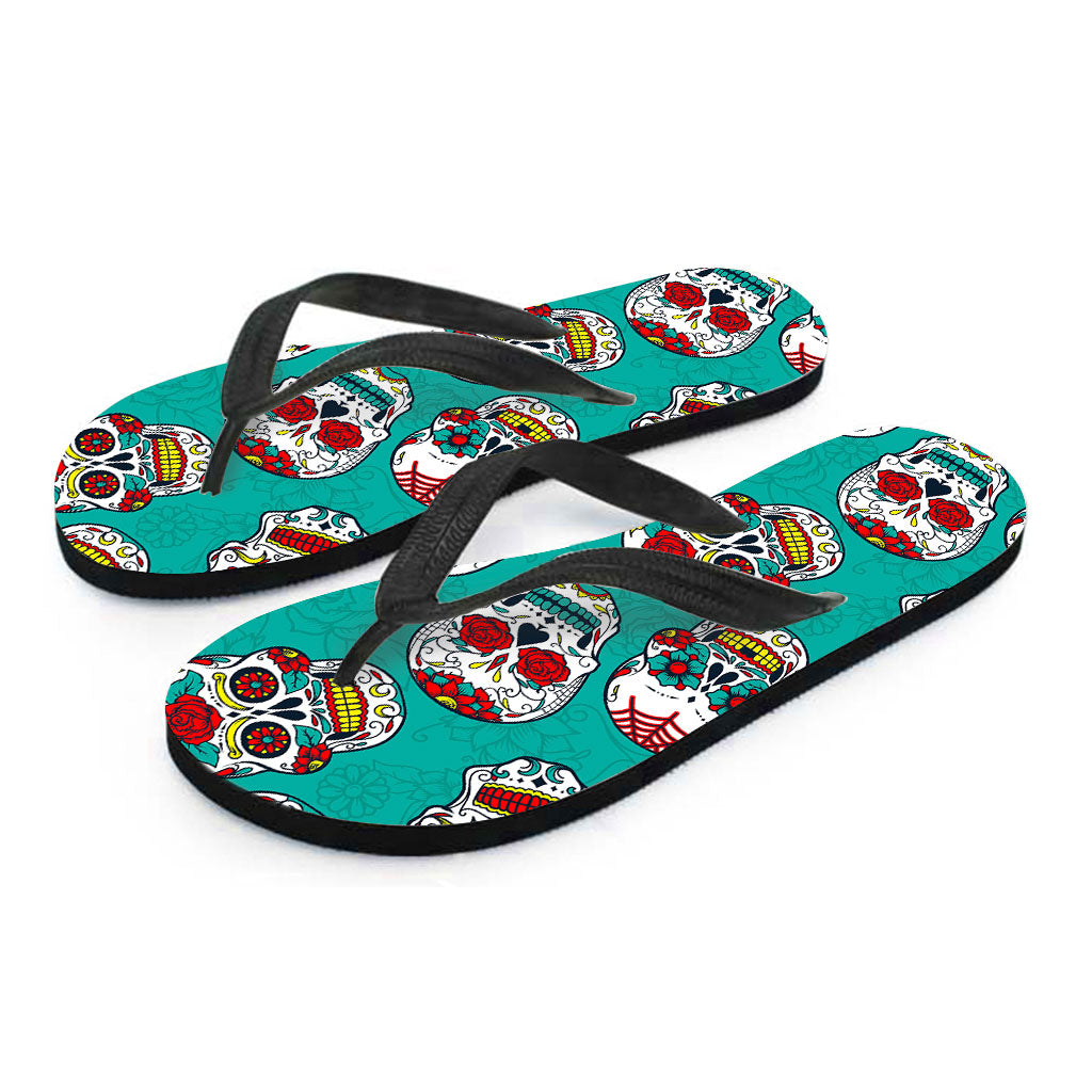 Teal Sugar Skull Pattern Print Flip Flops