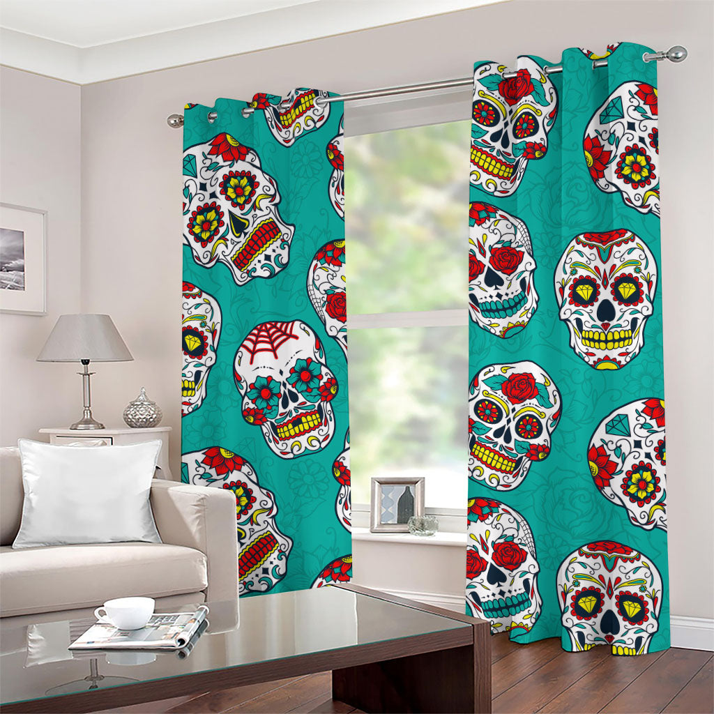 Teal Sugar Skull Pattern Print Grommet Curtains