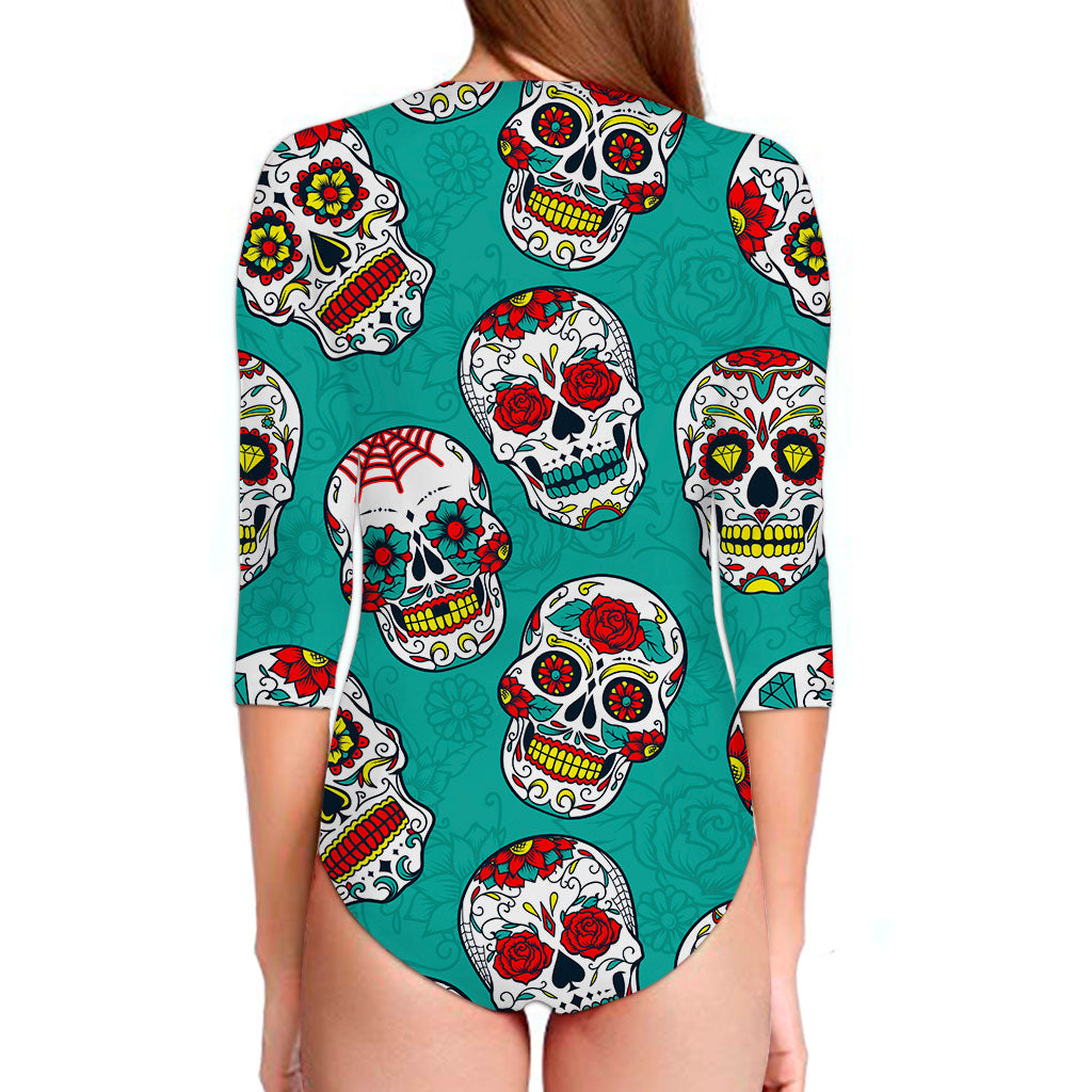 Teal Sugar Skull Pattern Print Long Sleeve Swimsuit