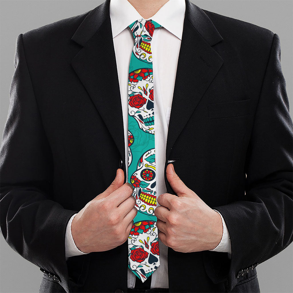 Teal Sugar Skull Pattern Print Necktie