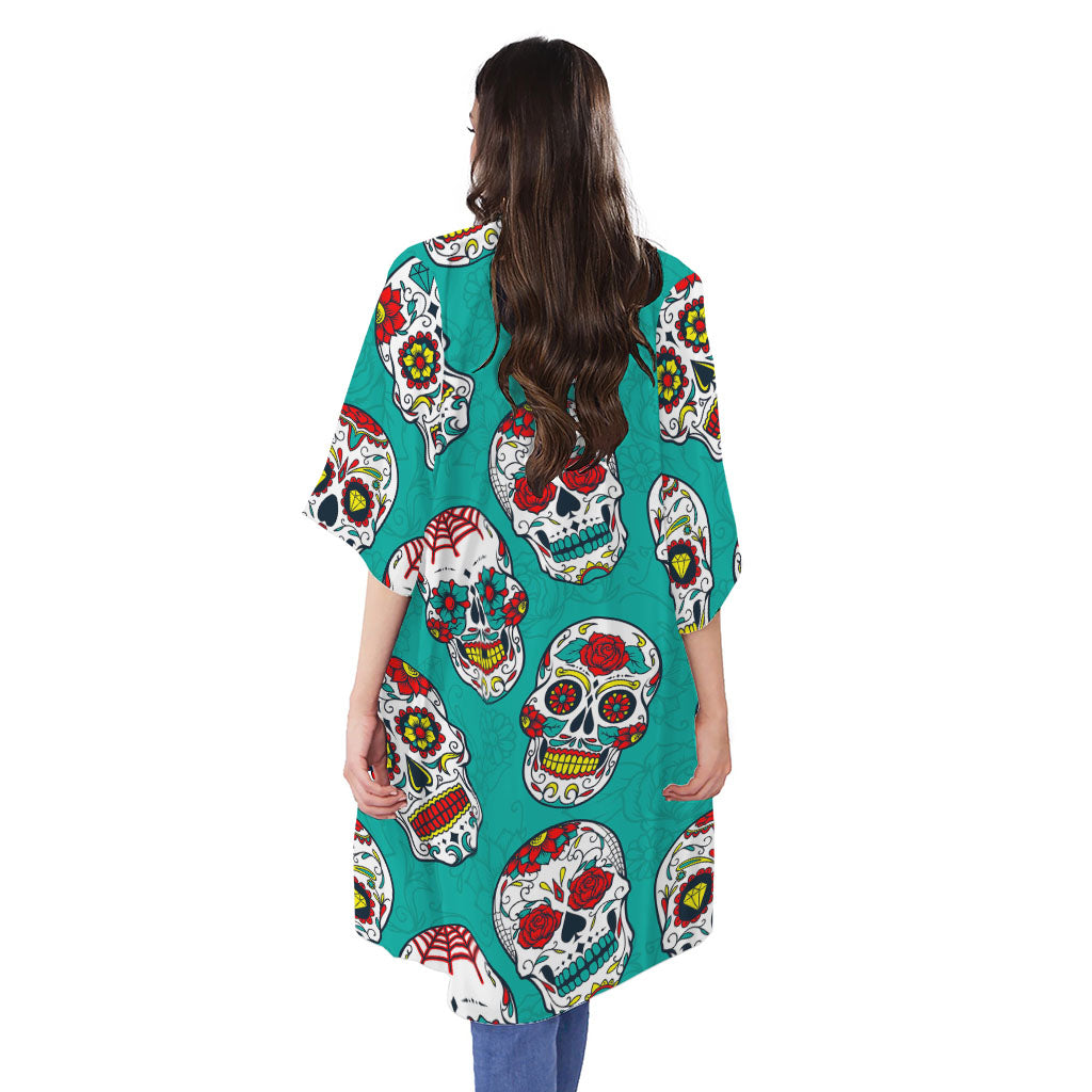 Teal Sugar Skull Pattern Print Open Front Beach Cover Up