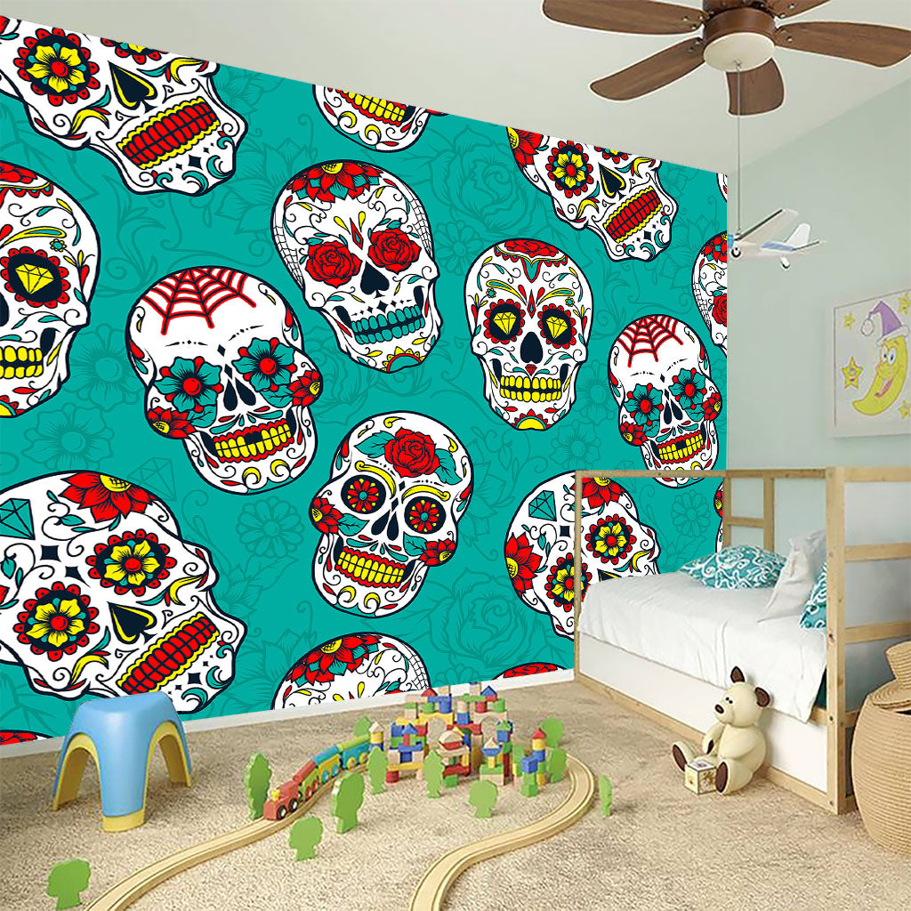 Teal Sugar Skull Pattern Print Wall Sticker
