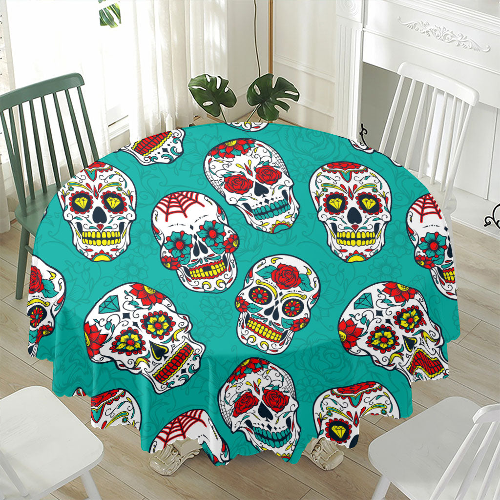 Teal Sugar Skull Pattern Print Waterproof Round Tablecloth